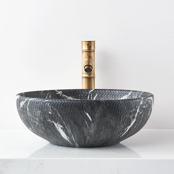 Vessel Sink Round 16 Inch Bathroom Sink, Counter Top Black+ White Marble Color Cloakroom Porcelain Ceramic Vessel Vanity Sinks Art Basin for Bathroom