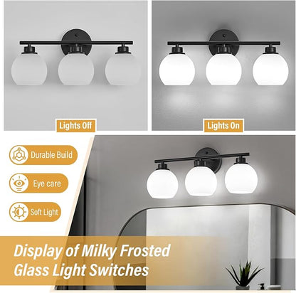 Matte Black Bathroom Light Fixtures, 3-Light Vanity Light Over Mirror | Modern Bathroom Lighting Over Mirror, Wall Sconces, Milky White Globe Glass Shades, E26 Socket,ETL Listed