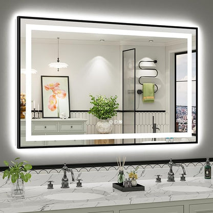 55x36 Inch LED Bathroom Mirror with Black Frame, Backlit & Front Lit, Anti-Fog Lighted Bathroom Vanity Mirror for Wall, Memory Function, Dimmable, HD Tempered Glass, Shatter-Proof