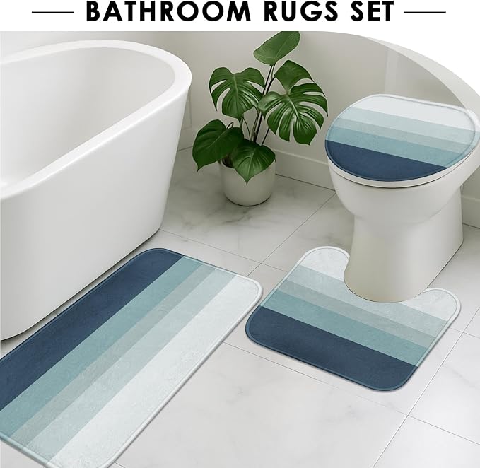 Bathroom Sets with Shower Curtain and Rugs, 4 Pcs, Striped Ombre | Minimalist Modern Neutral Bathroom Decor Set with Toilet Lid Cover, Non-Slip Bath Mats and Accessories 12 Hooks