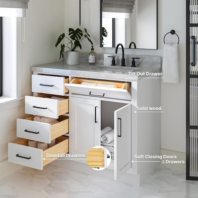 ARIEL Hepburn 42-inch Bathroom Vanity Base Cabinet,Solid Wood, 2 Soft Closing Doors, 5 Dovetail Drawers, White