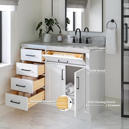 ARIEL Hepburn 42-inch Bathroom Vanity Base Cabinet,Solid Wood, 2 Soft Closing Doors, 5 Dovetail Drawers, White