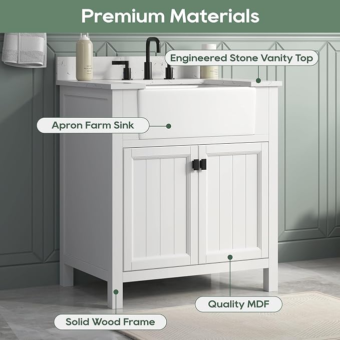30 Inch White Bathroom Vanity with Sink, Farmhouse Bathroom Vanities Cabinet with Soft Closing Doors, Vanity for Bathroom with Apron Farm Sink, Solid Wooden Frame
