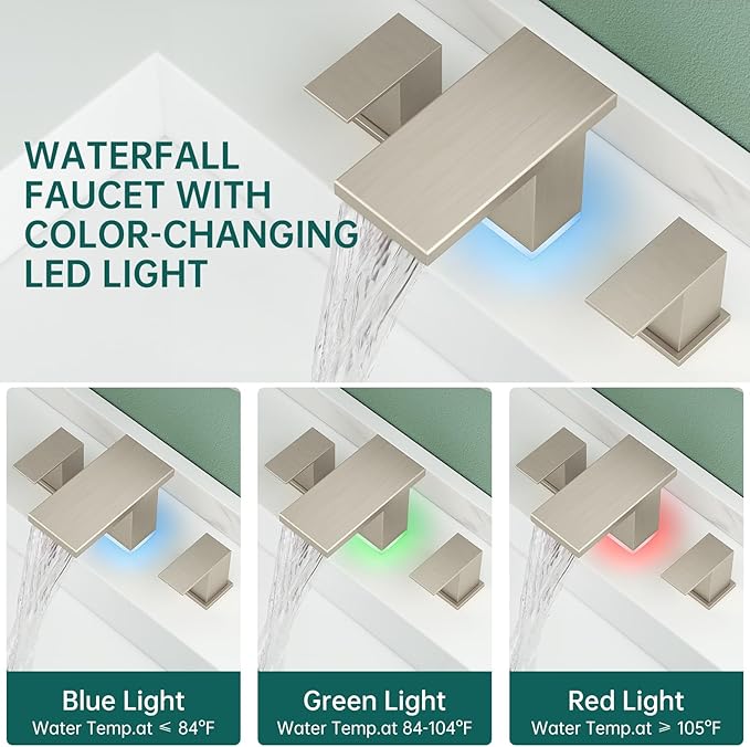 Hoimpro LED Bathroom Faucet 3 Hole Brushed Nickel Waterfall Sink Faucet 8 Inch Widespread Modern Vanity 2 Handle Wide Spread Bath Fixture Light Changing with Pop Up Drain Touch On Three Hole 3 Piece