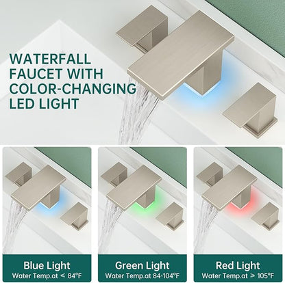 Hoimpro LED Bathroom Faucet 3 Hole Brushed Nickel Waterfall Sink Faucet 8 Inch Widespread Modern Vanity 2 Handle Wide Spread Bath Fixture Light Changing with Pop Up Drain Touch On Three Hole 3 Piece