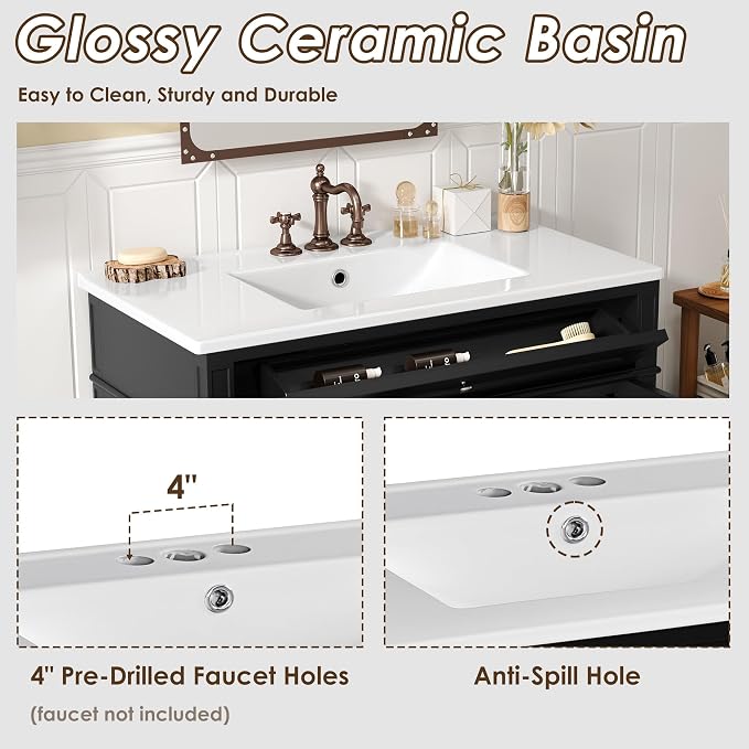Merax 36 Inch Bathroom Vanity with Top Sink, Modern Bathroom Storage Cabinet with 2 Drawers and a Tip-Out Drawer, Solid Wood Frame Single Sink Bath Vanities, Black