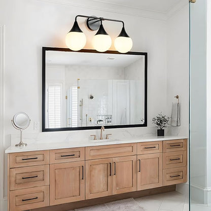 Bathroom Vanity Light Fixtures: 3 Lights Mid Century Modern Bathroom Lighting Fixtures Over Mirror - Matte Black Wall Sconce with Milky White Globe Glass for Bath Living Room