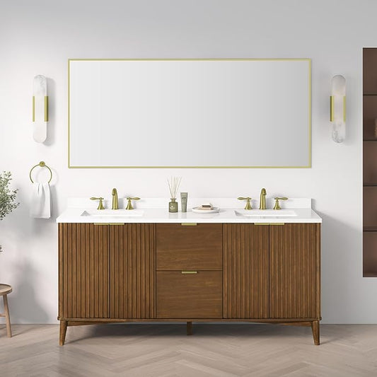 OVE Decors Indy 72 in. Undermount Double Sink Bathroom Vanity with White Engineered Marble Top, Warm Walnut