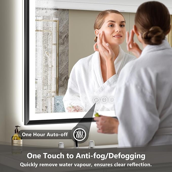 24x32 Black Framed LED Bathroom Mirror with Lights, Backlit and Front Light, Lighted Bathroom Vanity Mirror for Wall Dimmable Anti-Fog Memory Tempered Glass Horizontal/Vertical