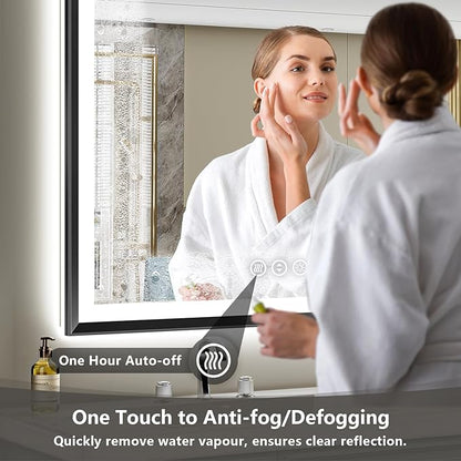 24x32 Black Framed LED Bathroom Mirror with Lights, Backlit and Front Light, Lighted Bathroom Vanity Mirror for Wall Dimmable Anti-Fog Memory Tempered Glass Horizontal/Vertical