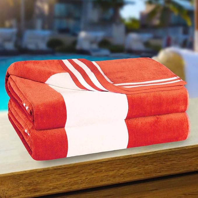 Superior Cotton Striped Beach Towels, Colorful Towels for Adult, Kid, Pool, Swimming, Sand, Travel, Large Oversized, Absorbent, Fast Drying, Bath Basics, Cabana Collection, Set of 2, Coral