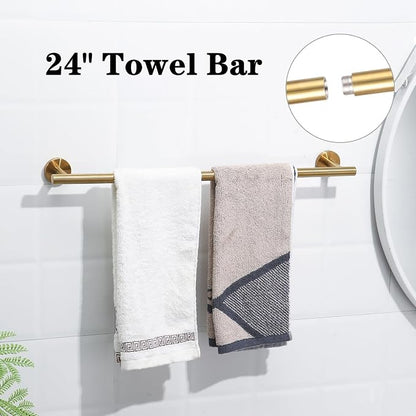 Brushed Gold Bathroom Hardware Accessories Set 4 Pieces,Towel Bar Set Stainless Steel Wall Mounted, Includes 24 in Hand Towel Bar, Towel Ring Holder,Toilet Paper Holder, Bathroom Towel Rack Set Gold