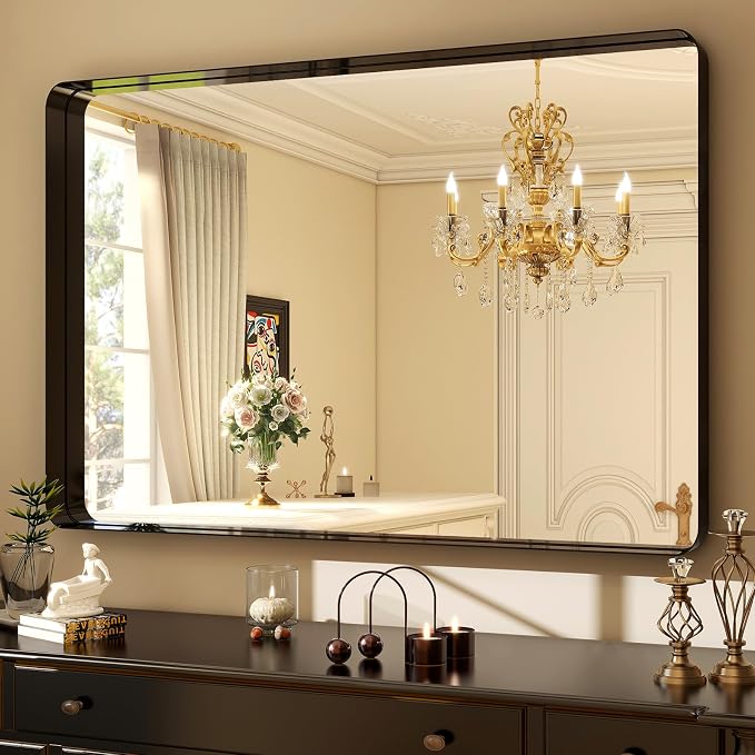 Easly 30"x40" Black Bathroom Mirror - Modern Mirror for Wall with Rounded Corners. Bathroom Mirrors for Vanity, Aluminum Alloy Framed Mirror Portrait or Landscape Hang, Rectangle Mirrors