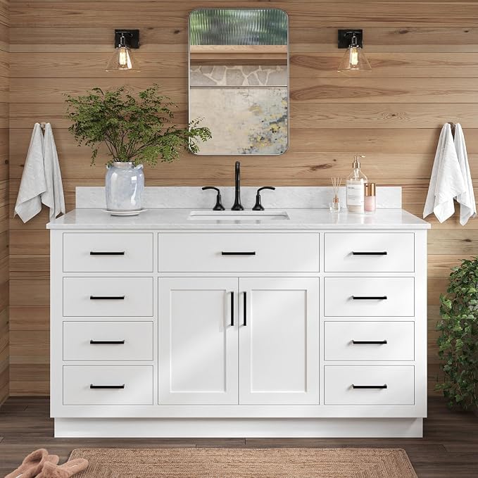 ARIEL Hepburn 60-inch Bathroom Vanity with Sink,Solid Wood, 0.75-inch Italian Carrara Marble Countertop, Single Rectangular Porcelain Sink, 2 Soft Closing Doors, 9 Dovetail Drawers, White