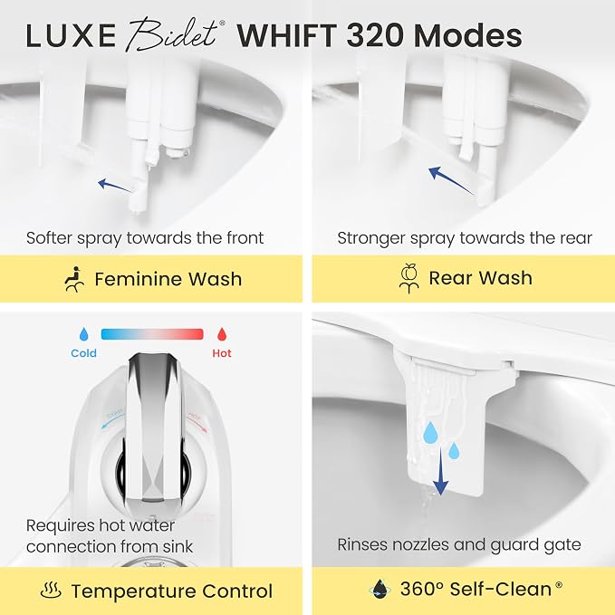 LUXE Bidet WHIFT 320 - Warm Water Deodorizing Bidet Attachment, White | Non-Electric, Built-In Deodorizing Spray, Warm Water, Lemon Refill Included, Easy Slide-In Install, Rear & Feminine Wash