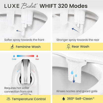 LUXE Bidet WHIFT 320 - Warm Water Deodorizing Bidet Attachment, White | Non-Electric, Built-In Deodorizing Spray, Warm Water, Lemon Refill Included, Easy Slide-In Install, Rear & Feminine Wash