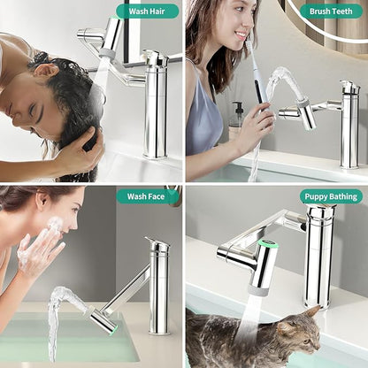 Modern Bathroom Faucet 1 Hole with Temperature Display(Batteries-Free), 1080° Rotatable Single Hole Bathroom Faucet, Single Handle Bathroom Vanity Faucets, 2 Spray Modes (Chrome)