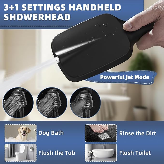 14" High Pressure Rain/Rainfall Shower Heads With Handheld Spray Combo (3+1 Settings & Built-in Power Wash Mode), Double/Dual Shower Head With Handheld - Height/Angle Adjustable(Matte Black)