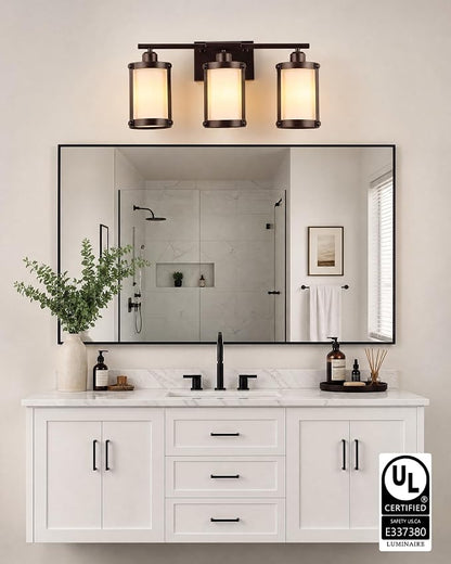 3-Light Oil Rubbed Bronze Bathroom Light Fixtures Over Mirror with Frosted Milk Glass and Metal Cage Shade, 21" UL-Listed Modern Farmhouse Wall Sconce for Bath, Hardwire E26, OS-3014ORBW-3W