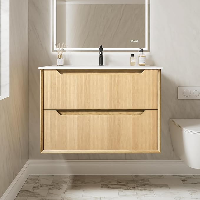 32" Japandi Floating Bathroom Vanity with Sink, Pre-Assembled Natural Oak Multi-Layer Solid Wood Bathroom Sink Vanity, Wall Mounted with Integrated Stone Top and 2 Soft Close Drawers