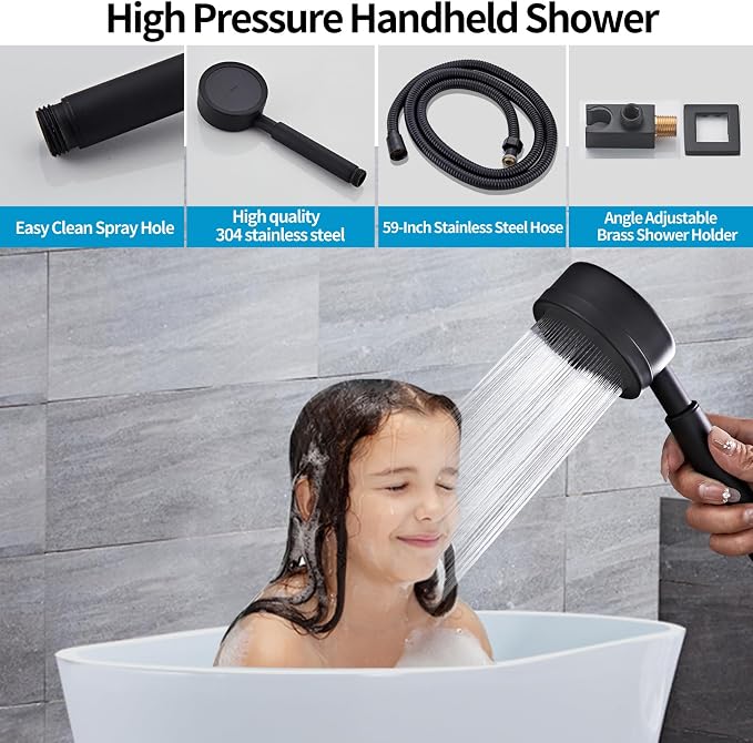 Matte Black Rainfall Shower Head, Wall Mounted 12 Inch Shower Head | Handheld Spray Combo, Luxury Bathroom Square Rain Shower System, Solid Brass Pressure Balancd Shower Faucet Valve