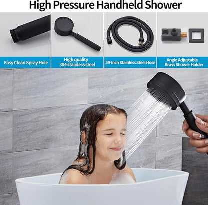 Matte Black Rainfall Shower Head Wall Mounted 10 Inch Shower Heads | Handheld Spray Combo, Luxury Bathroom Square Rain Shower System, Solid Brass Pressure Balancd Shower Faucet Valve