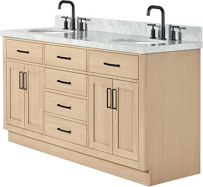 ARIEL Hepburn 66-inch Bathroom Vanity with Sink,Solid Wood, 1.5-inch Italian Carrara Marble Countertop & Backsplash, Double Oval Porcelain Sink, 4 Soft Closing Doors, 6 Dovetail Drawers, White Oak