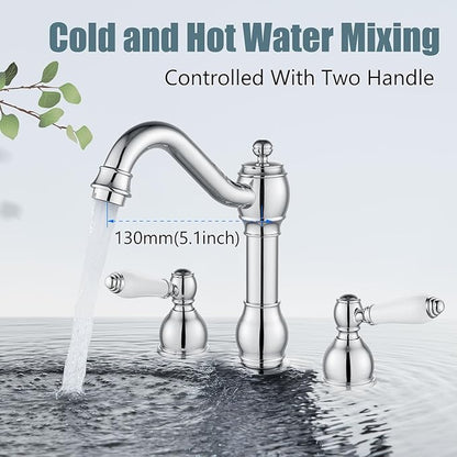 Aolemi 8 Inch Widespread Bathroom Sink Faucet 3 Hole Deck Mount Vanity Basin Mixer Tap with Pop Up Drain Assembly Polish Chrome Double Ceramic Handle
