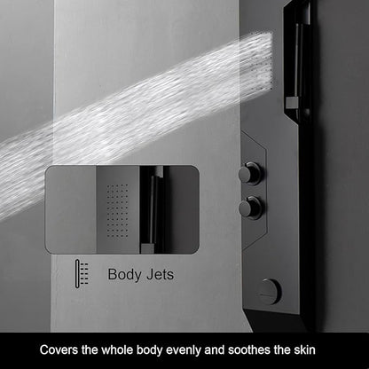 Homevacious 4 IN 1 Stainless Steel Multi-Function Shower Panel Tower System Rainfall Shower Head Massage Body Jets Handheld Shower and Bath Tub Spout Wall Mounted Bathroom Shower Panel Matte Black