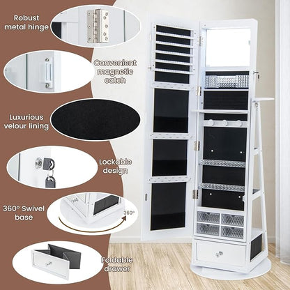 GOFLAME 360° Rotating Jewelry Cabinet with Full Length Mirror, Standing LED Mirror Jewelry Armoire, Lockable Jewelry Organizer with Hair Dryer Rack, Back Storage Shelves, Inner Makeup Mirror, White