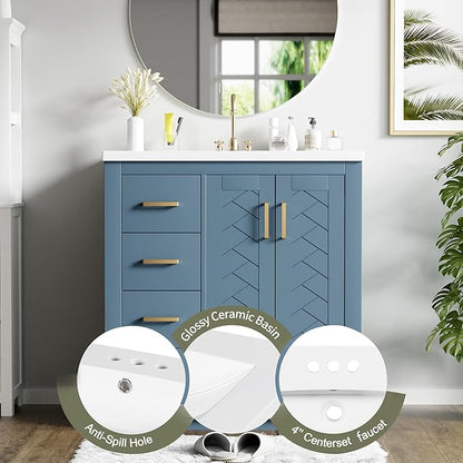 Merax Herringbone Single Sink Bathroom Vanity, Freestanding 30" Modern Bathroom Vanity Storage Cabinet with 3 Drawers and 2 Doors, Solid Wood Frame