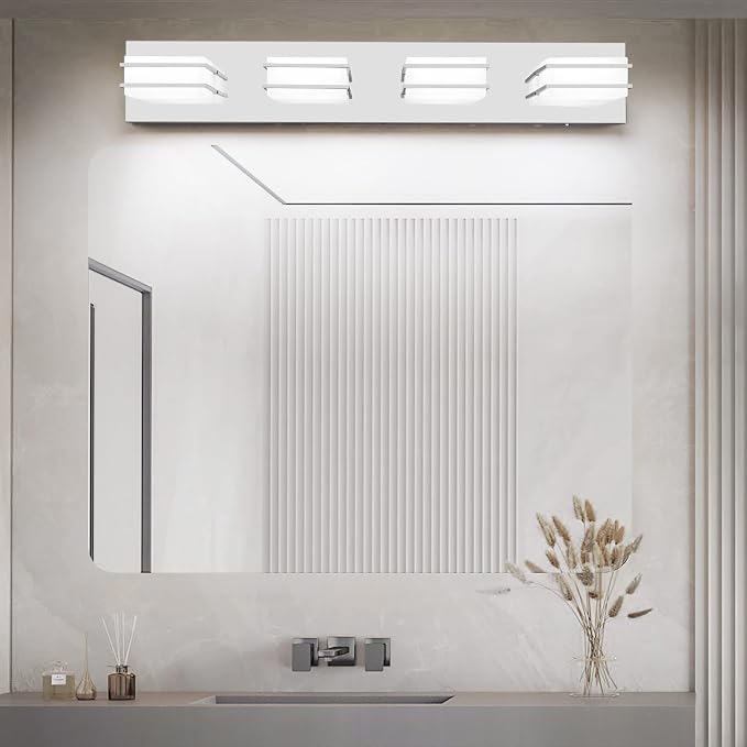 GOODATE 3 Color Temperature Dimmable Vanity Lights for Bathroom, LED Chrome 4 Light Vanity Light Fixtures, Acrylic Stainless Steel Square Shade Bathroom Light Fixtures Over Mirror, ETL Certificated