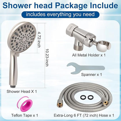 Shower Head with Handheld - Extra Long Hose and All Metal Holder, Low Flow | All Metal Holder and Long Hose, Multi Mode Adjustment High Pressure Showerhead Sprayer