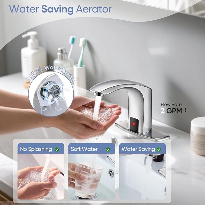 Automatic Touchless Bathroom Sink Faucet Sensor Motion Activated Commercial Faucets Hands Free Infrared Residential Elegant Basin Tap with Deck Plate Water Mixer Valve Control Box (Chrome)