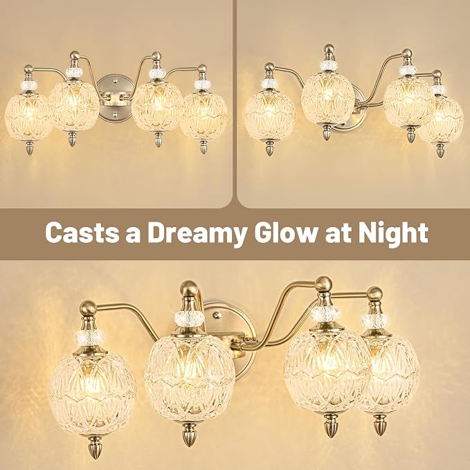 4-Light Brushed Nickel Bathroom Vanity Light, Modern Brushed Nickel Finish Wall Sconce with Globe Glass Shades, Modern Mirror Light for Bathroom, Powder Room