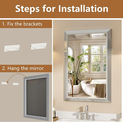 SMIROR 28x32 Brushed Silver Bathroom Vanity Mirror for Over Sink | Metal Wide Frame, Rectangle, Right- Angle Corner, Anti-Rust, Horizontally or Vertically Wall- Mounted for Home Remodel