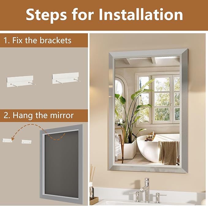 SMIROR 24x36 Brushed Silver Bathroom Vanity Mirror for Over Sink | Metal Wide Frame, Rectangle, Right- Angle Corner, Anti-Rust, Horizontally or Vertically Wall- Mounted for Home Remodel