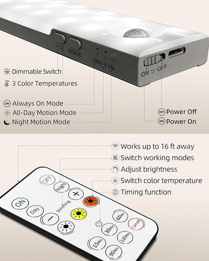EZVALO 3-Pack Under Cabinet Lighting with Charging Station, 1800mAh Rechargeable Wireless Motion Sensor Lights, 3 Color Temps, Dimmable, Timer, Magnetic, with Remote Control for Kitchen, Closet