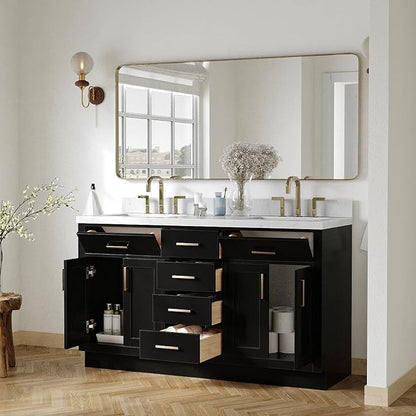 ARIEL Hepburn 60-inch Bathroom Vanity with Sink,Solid Wood, 1.5-inch Carrara White Quartz Countertop & Backsplash, Double Rectangular Porcelain Sink, 4 Soft Closing Doors, 6 Dovetail Drawers, Black