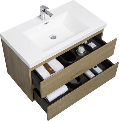 36 Inch Floating Bathroom Vanity with Sink, Large Storage Wall Mounted Floating Vanity with Soft Close Drawers, One-Piece Basin Bathroom Sink Cabinet (Natural Oak, 36")