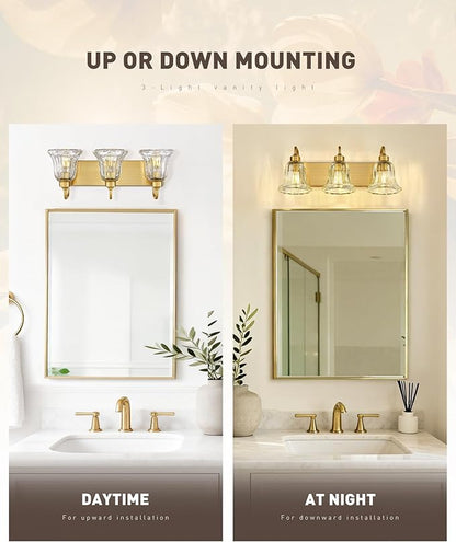 zeyu 3-Light Gold Bathroom Vanity Light with Clear Striped Glass, Modern Brass Vanity Light for Bathroom Mirror, 22 Inch Bathroom Lights Over Mirror, ZJX117B-3W BG