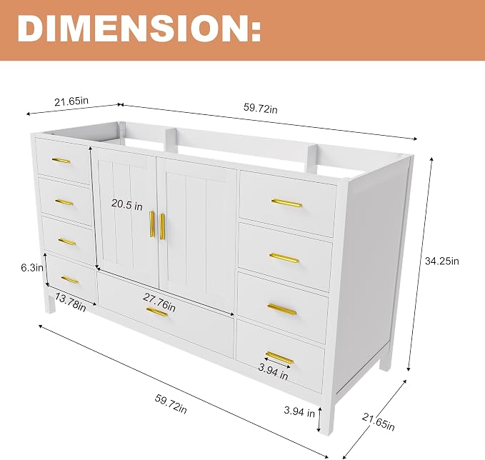 60'' Bathroom Vanity Without Sink,Multi-Functional Bathroom Cabinet with 2 Doors and 9 Drawers, Solid Frame,White(No Sink)