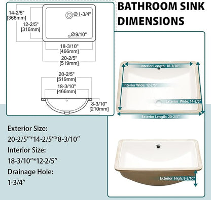 White Ceramic 21"x14" Undermount Bathroom Lavatory Sink | Rectangle under counter white bathroom vessel sink for bathroom