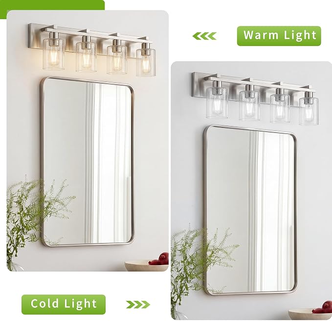 4-Light 30inch Brushed Nickel Vanity Light, Thickened Seeded Glass | Over Mirror for Bathroom, Rust Resistant, E26 Base, Easy Install, Removable Glass Shade Horizontal Mount, Dimmable