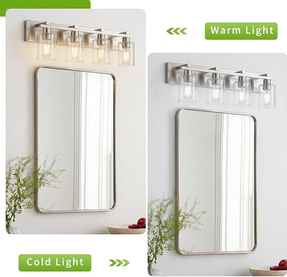 4-Light 30inch Brushed Nickel Vanity Light, Thickened Seeded Glass | Over Mirror for Bathroom, Rust Resistant, E26 Base, Easy Install, Removable Glass Shade Horizontal Mount, Dimmable