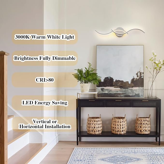 EDISLIVE Modern Wave LED Vanity Light Dimmable Modern LED Vanity Light Fixtures 15W Linear Wall Sconce with Acrylic Strip Shade 3000K, 24 in for Bathroom Bedroom Makeup,Nickel
