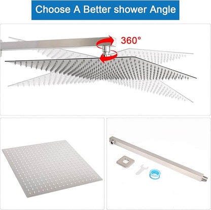 Shower Head with Extension Arm, High Pressure Square with ShowerArm, Stainless Steel Rainfall-Waterfall Full Body Coverage (16'' Shower with 20'' Arm, Brushed Nickel)