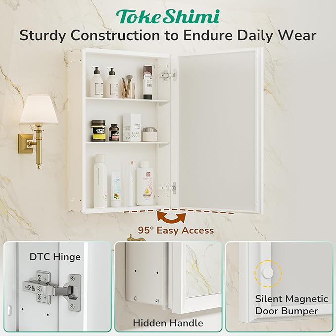 TokeShimi 24 x 32 White Recessed Medicine Cabinet with Mirror, Assembly Required, Bathroom Medicine Cabinet with Mirror, Stepless Adjustable Shelves, Beveled Aluminum Frame, DTC Hinge