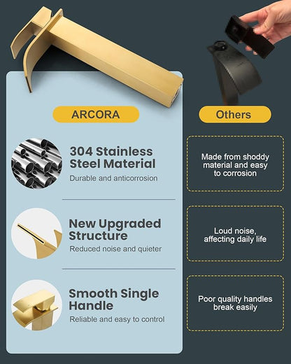 Vessel Sink Faucet Brushed Gold: ARCORA Single Hole Tall Bathroom Faucet, Single Handle Tall Waterfall Bathroom Faucet with Pop Up Drain and cUPC Supply Lines