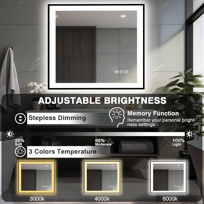 EchosLife 40x38 Lighted Mirrors for Bathroom Wall - Black Aluminum Framed | Black Frame, Front and Backlit, Anti-Fog, Stepless Dimmable, 3 Colors, Memory, Tempered Glass, UL Listed, Horizontal/Vertical
